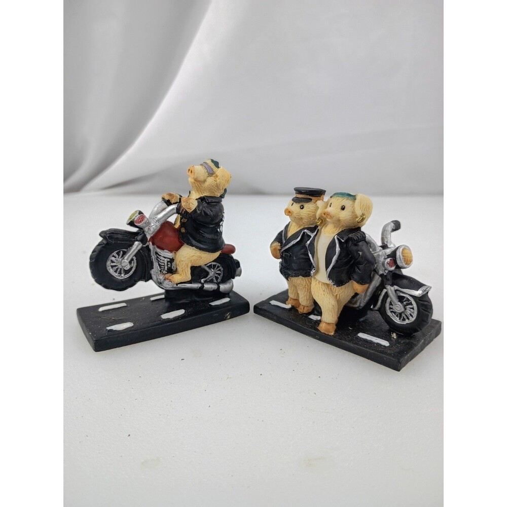 Resin Young's Hogs Standing Next And Riding  Motorcycle Figurine Lot 2 Decor